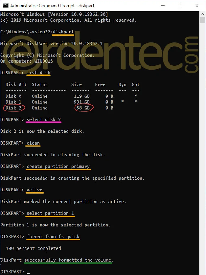 Formatting USB Flash Drive with Diskpart