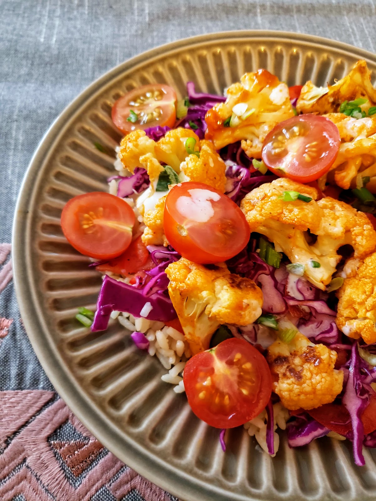 Buffalo Cauliflower Bowl with Greek Yogurt Ranch and Slaw