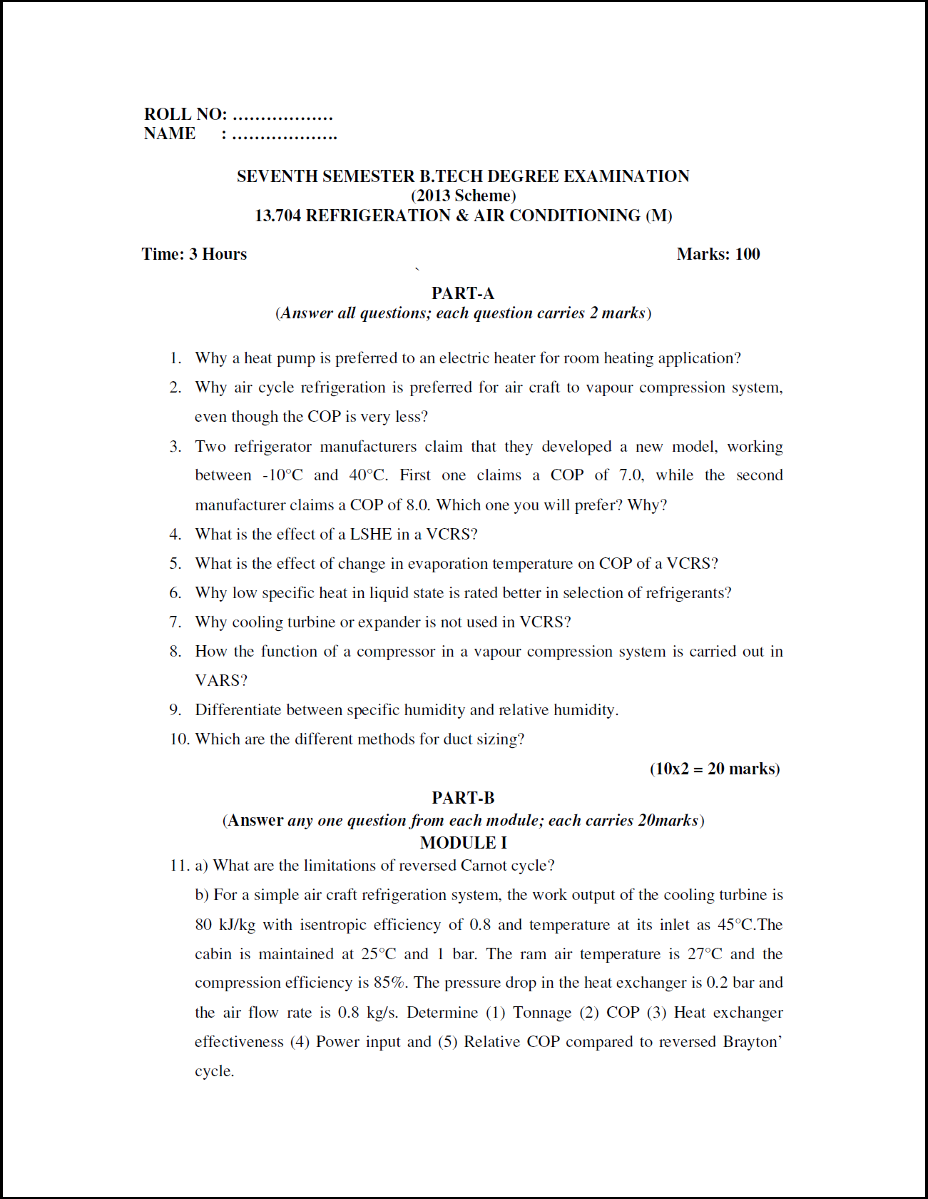 Kerala University B Tech Refrigeration & Air Conditioning ( M ) 2016