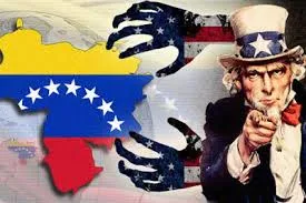 Ilustração do Tio Sam apontando dedo e pondo as mãos sobre a Venezuela