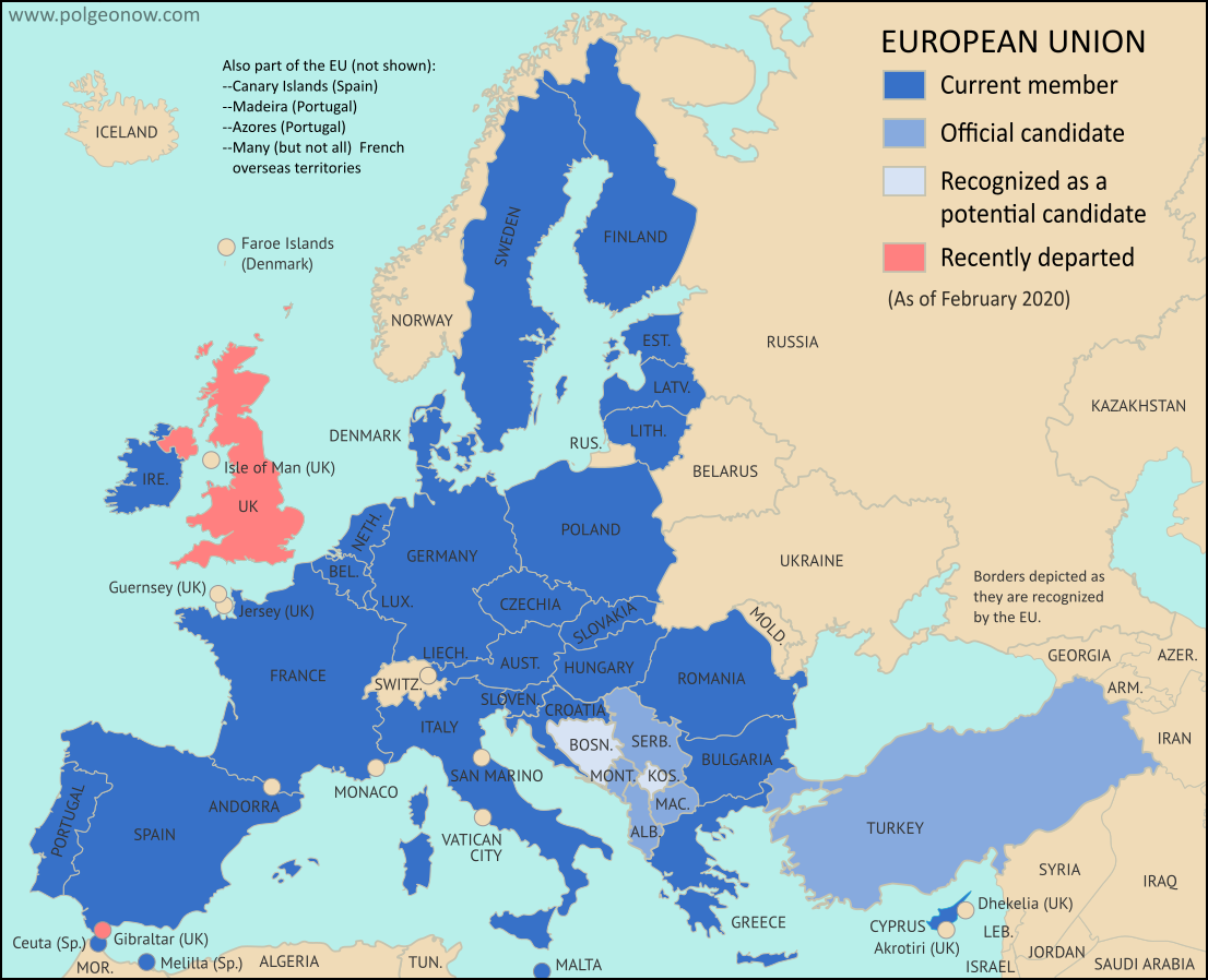 Map of the European Union, including all member countries, official candidate countries, and potential candidate countries, as of February 2020, updated for Brexit (colorblind accessible). Also file under: Map of European Union Member Countries.