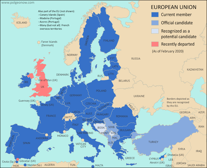 Map of the European Union, including all member countries, official candidate countries, and potential candidate countries, as of February 2020, updated for Brexit - the departure of the UK and Gibraltar (colorblind accessible). Also file under: Map of European Union Member Countries.