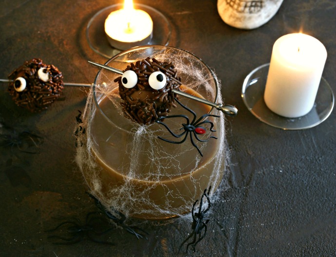 Recipe for a bourbon and chocolate cocktail, served with edible chocolate monsters.