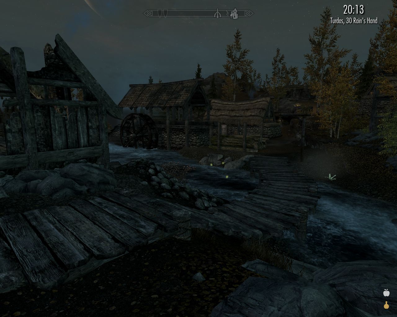 a wooden walkway leads across a river, a watermill and wooden houes ahead, bog moon in the clear sky