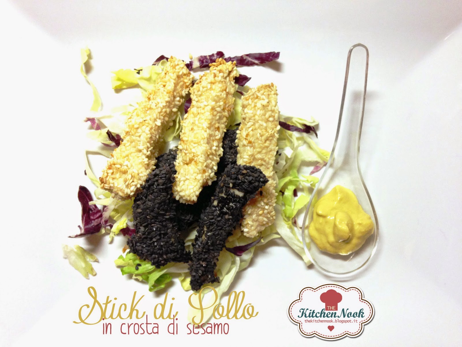 stick di pollo in crosta di sesamo con senape delicata