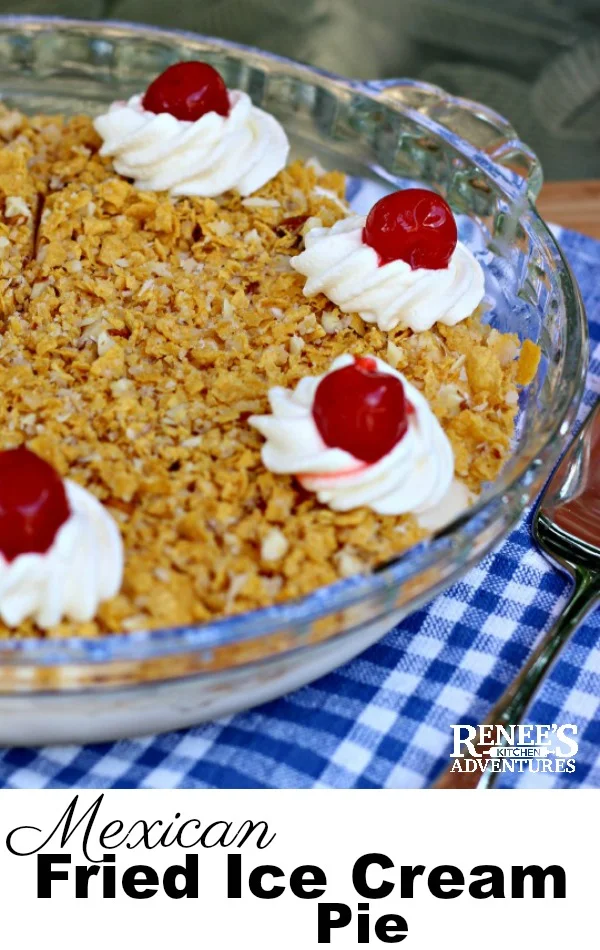 Fried Ice Cream Pie by Renee's Kitchen Adventures - easy dessert recipe for Mexican fried ice cream that tastes just like you get in a Mexican restaurant! Easy to make with cornflake cereal and vanilla ice cream. #cincodemayo #dessert #icecream #mexicanicecream