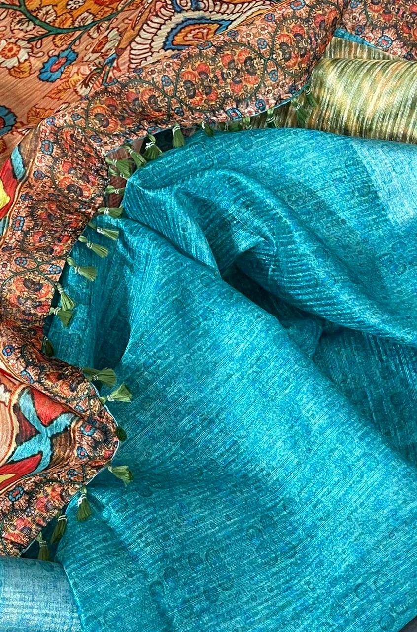 Jute silk sarees with kalmakri print