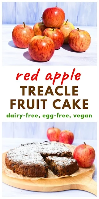 Red Apple & Treacle Fruit Cake. A rich fruit cake full of apples, raisins, citrus, treacle and spices. No dairy and no eggs, just lots of flavour. #fruitcake #applecake #veganfruitcake #treaclefruitcake #dairyfreefruitcake #eggfreefruitcake #dairyfreecake #vegancake #eggfreecake #redapples #treacle