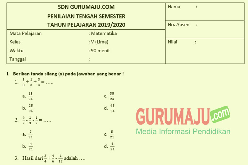 Soal UTS/ PTS Matematika Kelas 5 Semester 1 K13 Revisi GURU MAJU