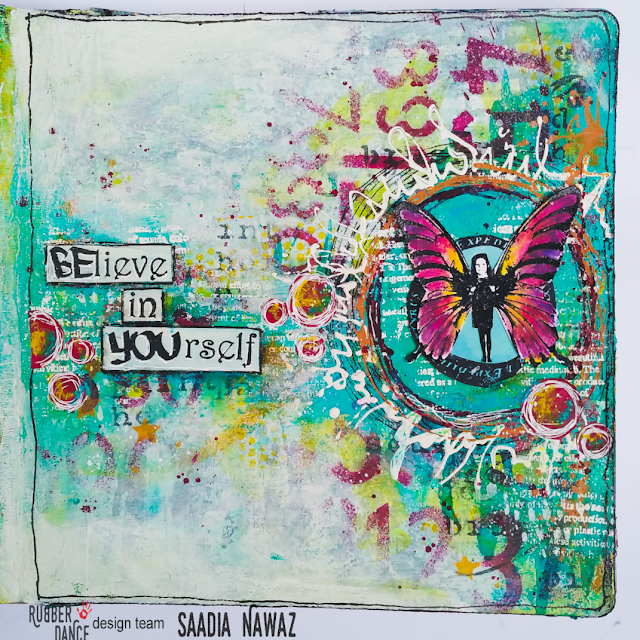 An Art journal page with Butterfly girl 1 by Saadia Nawaz