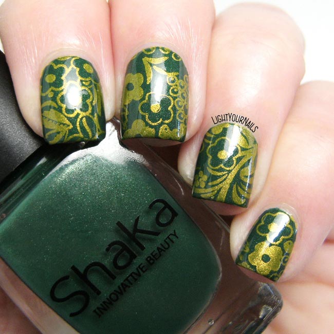 Green and gold flowers stamping nail art feat. Shaka and Bornprettystore