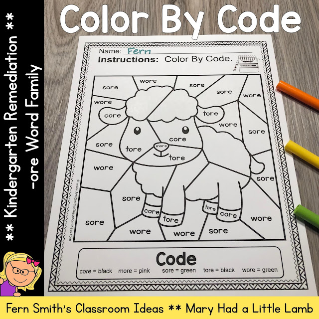 Click Here to Download This Color By Code Kindergarten Remediation of CVC Words, The -ore Word Family For Struggling Readers With a Cute Mary Had a Little Lamb Theme Worksheets Resource for Your Classroom Today!