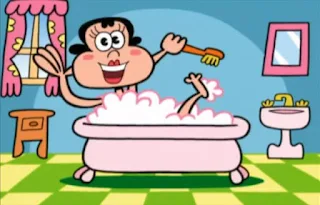 the bath lady Bubbles Martin taking a bath. Sesame Street Elmo's World Bath Time TV Cartoon the Bathtime Channel