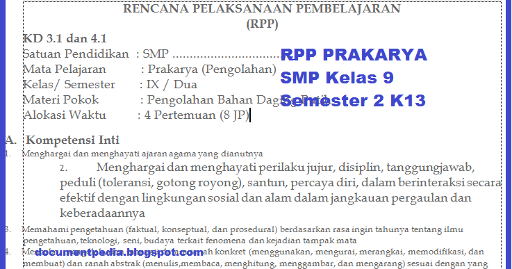 RPP PRAKARYA SMP Kelas 9 Semester 2 Kurikulum 2013 Revisi