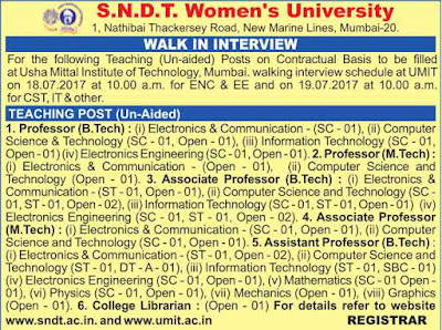 SNDT University (Shreemati Nathibai Damodar Thackersey Women University) Recruitment Notification 2017 