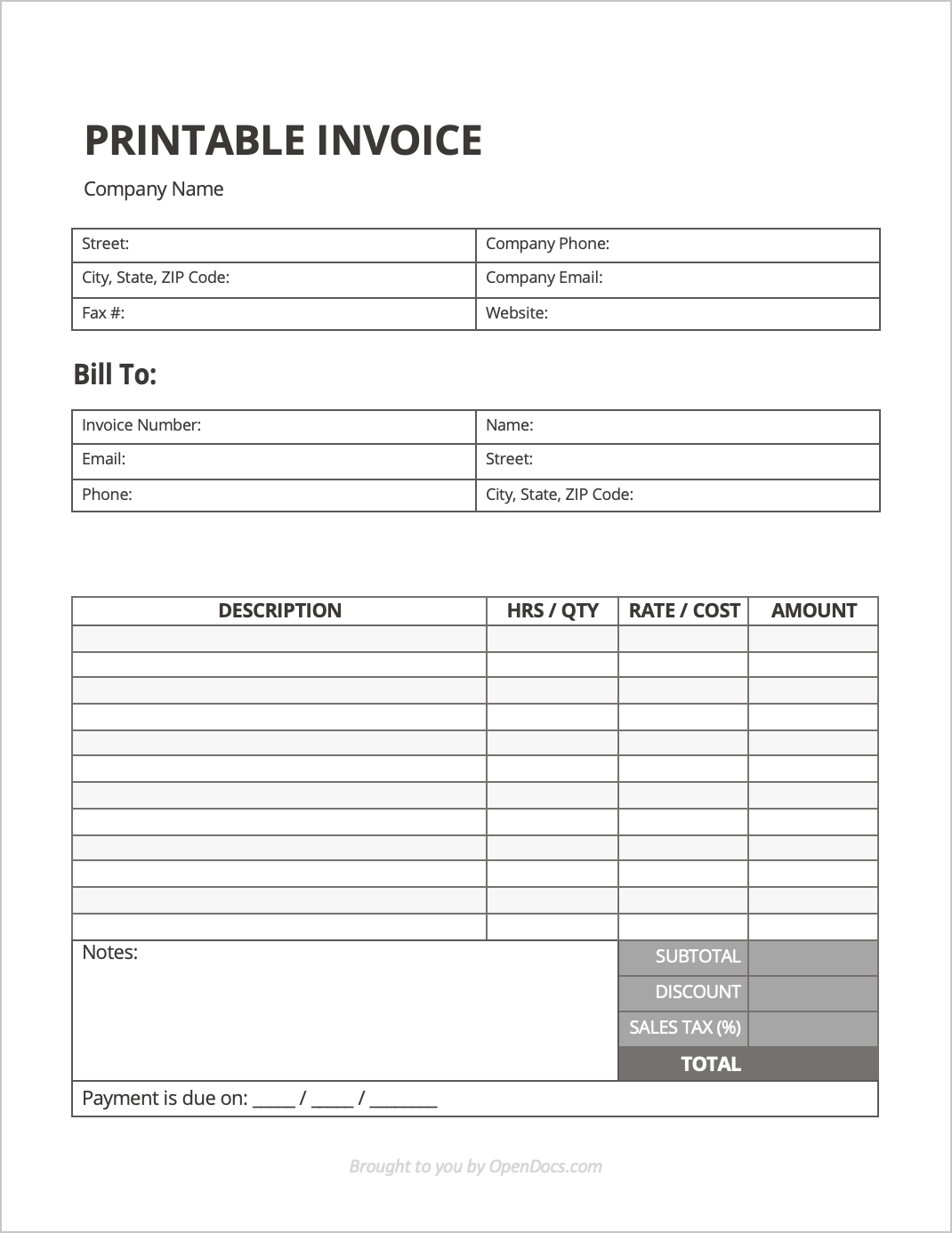 Printable Work Invoice Invoice Template