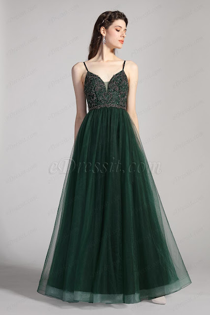 spaghetti straps beaded green prom dress