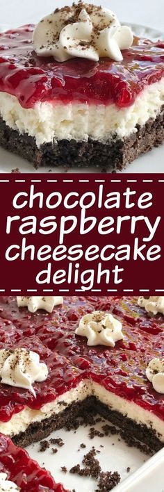 Chocolate raspberry cheesecake delight is an almost no-bake dessert with three delicious layers! A chocolate graham cracker crust, creamy sweet cheesecake middle, and topped with raspberry pie filling Chocolate raspberry cheesecake delight is an almost no-bake dessert with three delicious layers! A chocolate graham cracker crust, creamy sweet cheesecake middle, and topped with raspberry pie filling