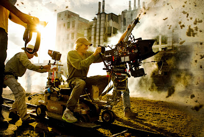 Photo of Michael Bay on the set of Transformers 4