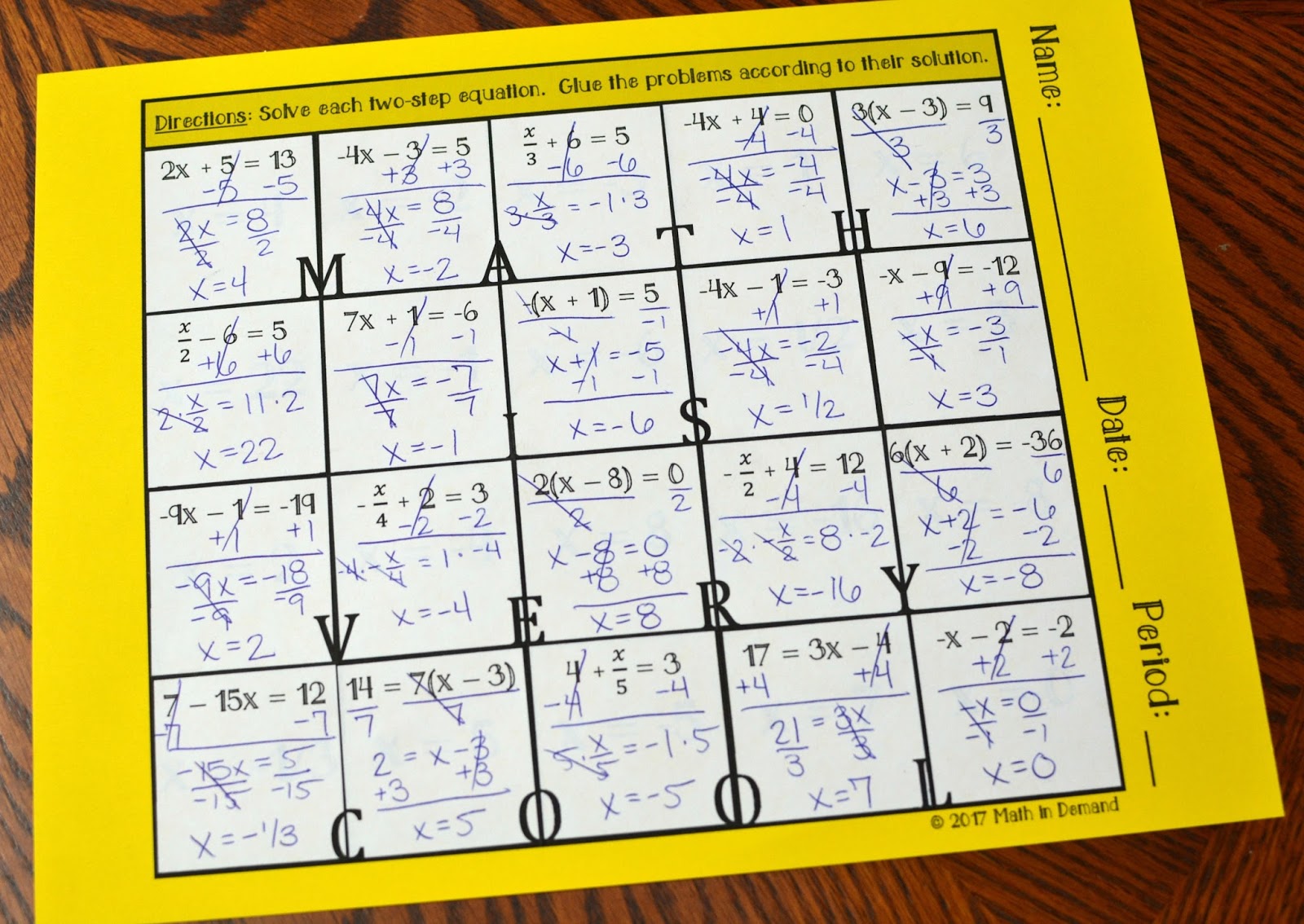 Two-Step Equations Hidden Message Activity / Worksheet