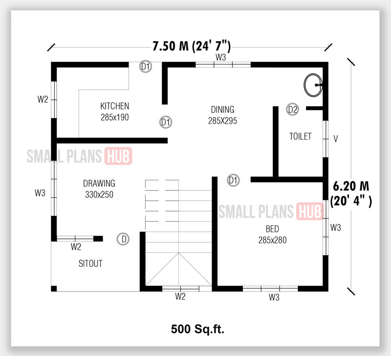 Single Bedroom House Plans With Staircase Under 500 Sqft For 120 Sq