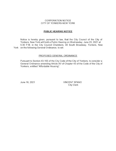 City of Yonkers Legal Notice: Public Hearing Notice.