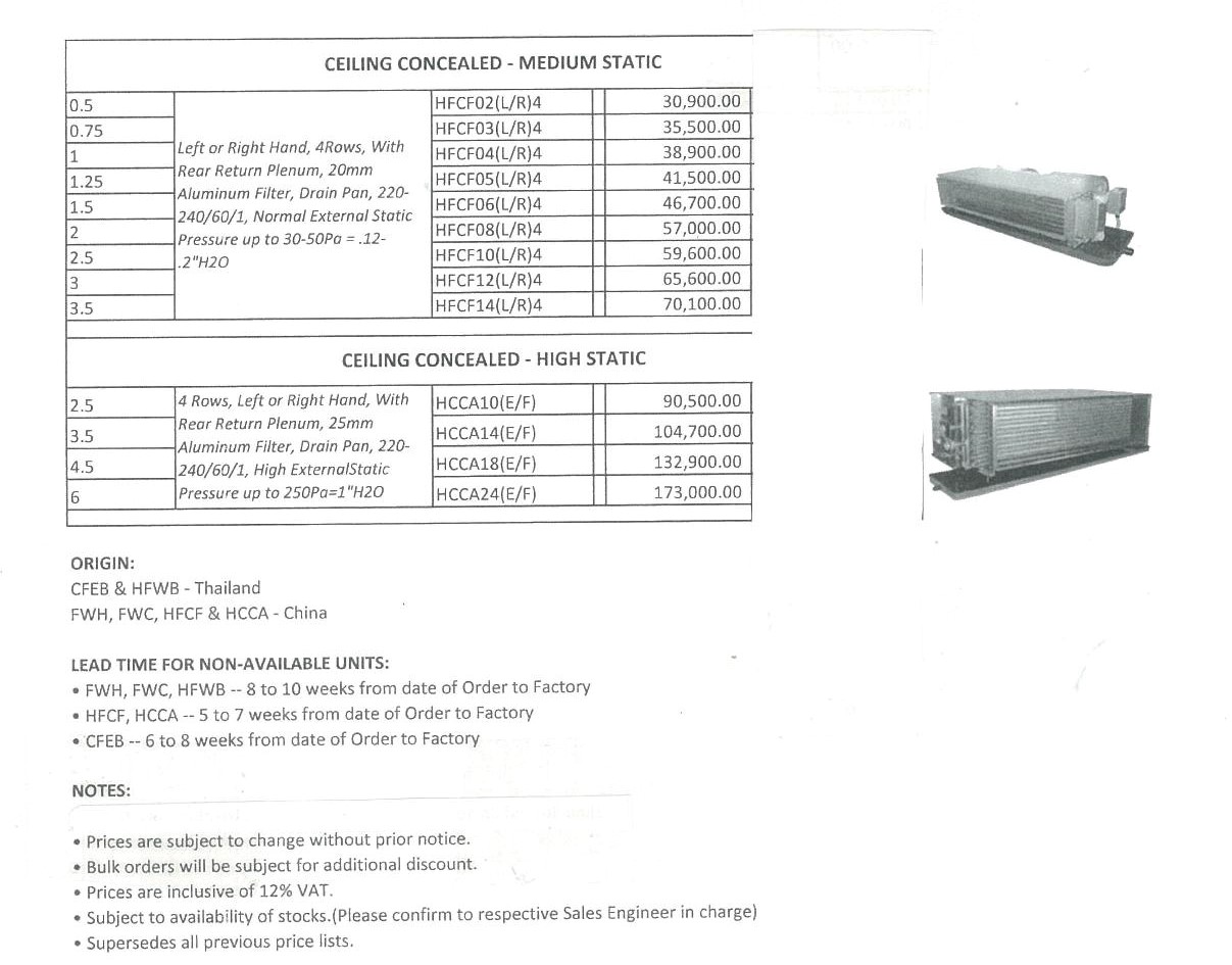 TRANE CHILLED WATER FAN COIL UNITS PRICE LIST