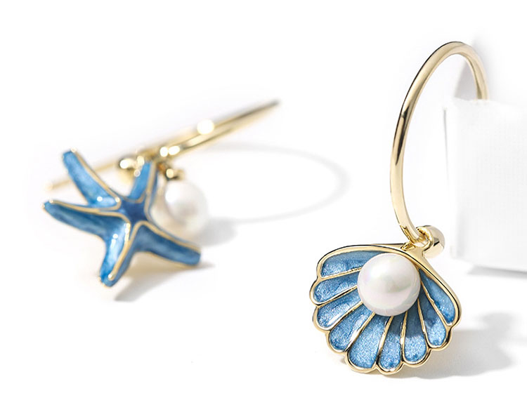 藍色海星．貝殼擬珍珠耳環