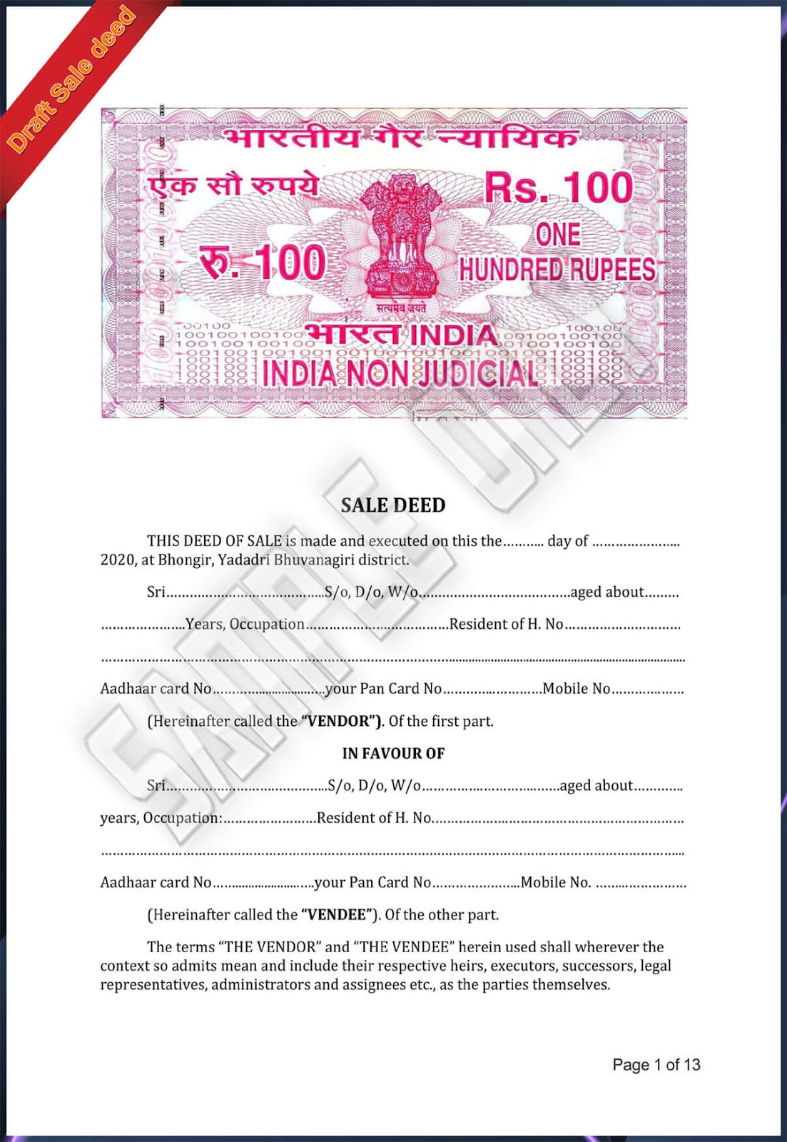 Yadadri Golden Sale Deed Format Download