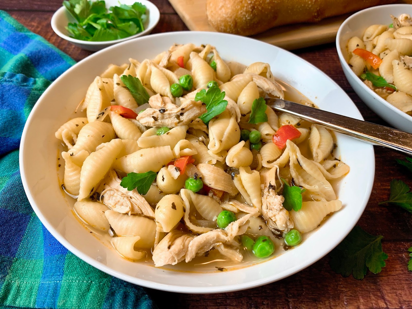 Chicken Soup with Pasta Shells, Peppers and Peas