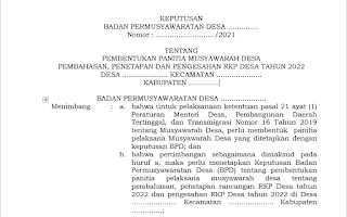 Download Surat Keputusan (SK) BPD tentang pembentukan panitia musyawarah Desa (Musdes) tentang pembahasan, penetapan dan pengesahan RKP Desa tahun 2022