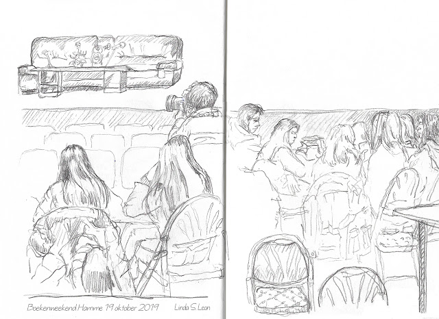 Audience waiting for the author - graphite sketch by Linda S. Leon