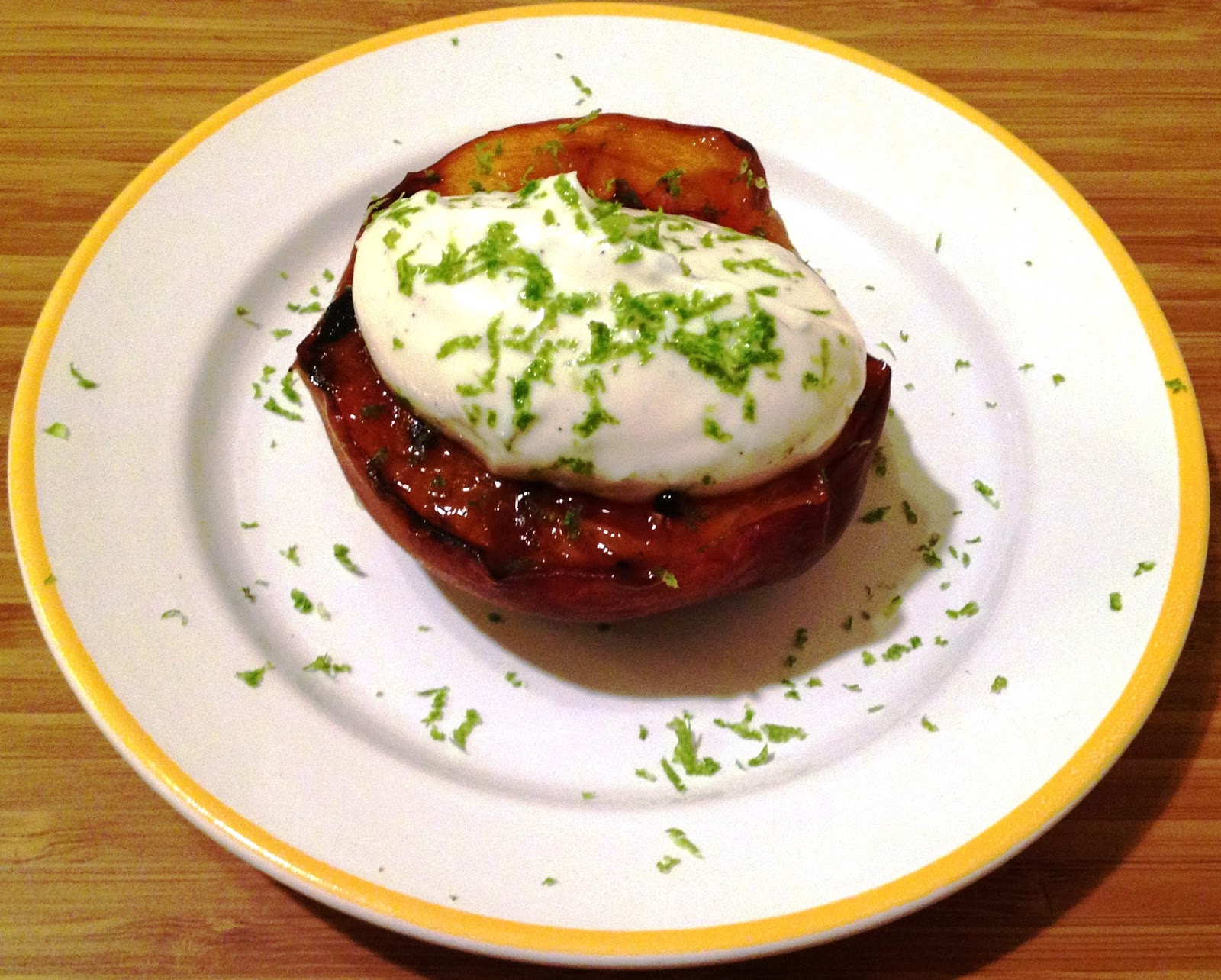 Grilled Peaches with Greek Yogurt, Honey, Lime Zest, and Vanilla