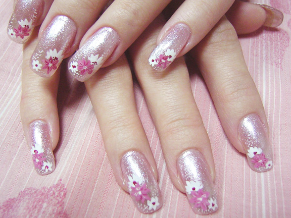 Pink Nails with Pink and White Flowers