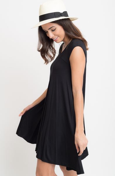 Buy Now Black Jersey Scoop Neck Cap Sleeve Dress Tunic Online -Final Sale- $20 -@caralase.com