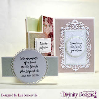 Divinity Designs Stamp/Die Duos: Friend to Friend, Custom Dies: Half-Shutter Card with Layers, Belly Band, Circles, Pierced Circles, Fancy Circles, Pierced Rectangles, Filigree Rectangles, Embossing Folder: Flourishes, Paper Collection: Romantic Roses 