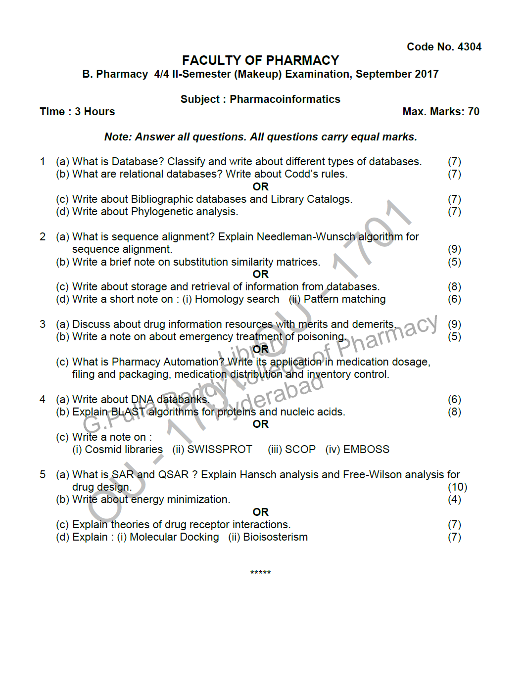 Osmania University B. Pharmacy 4/4 II Semester (Makeup) Subject