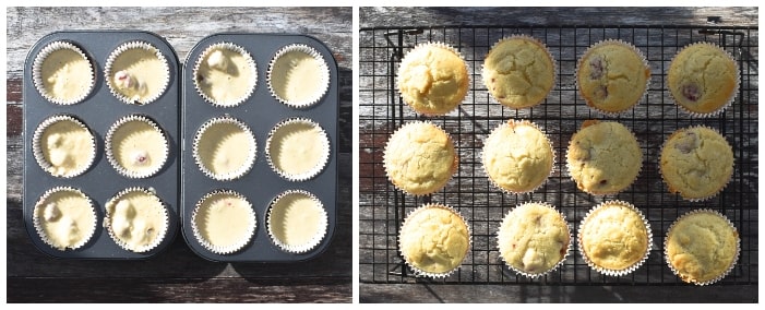 Making raspberry & white chocolate cupcakes - step 6 - batter in cupcake cases and baked cupcakes