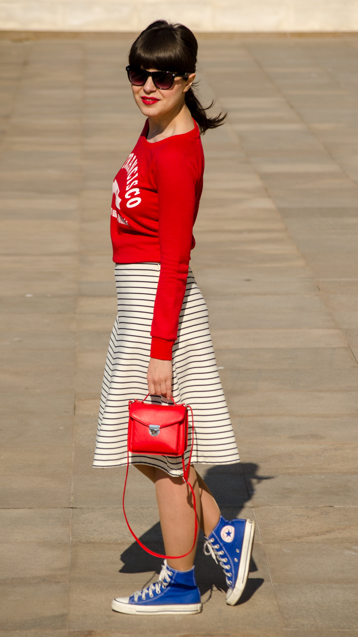 sport red top koton zara striped skirt stripes navy look red bag satchel cobalt blue sneakers converse spring outfit