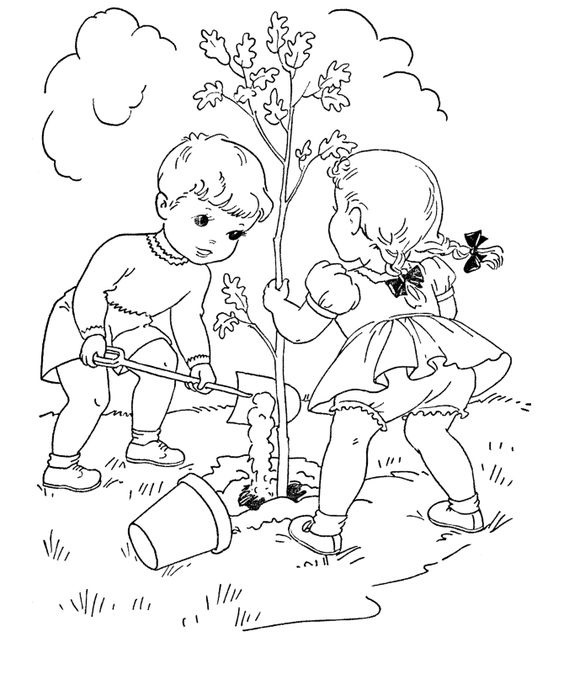 Tranh tô màu hai em bé trồng cây « in hình này