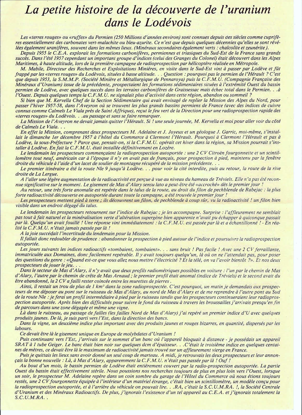 Page 1/2 : Découverte de l'uranium dans le Lodévois 34 Hérault par Jacques Garric - CEA