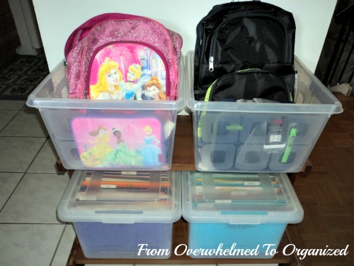 Bins for backpacks and papers.