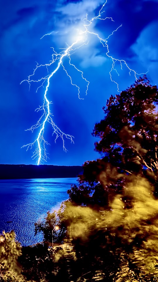 Lightning Strike Forest Lake  Android Best Wallpaper