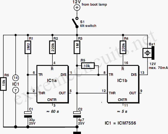 Car Boot Lamp Warning (ICM7556) | Xtreme Circuits