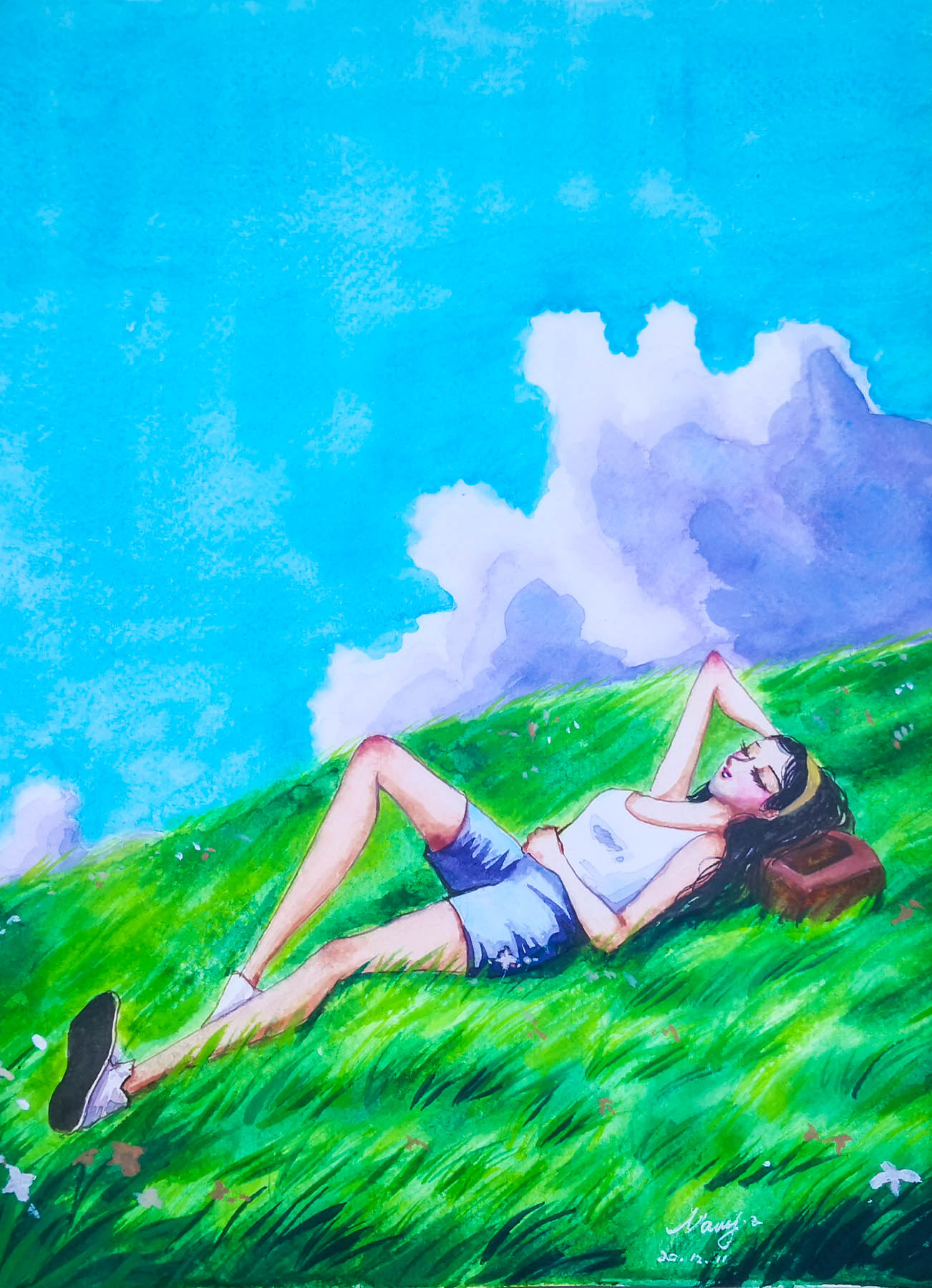 Watercolor fresh air and girl, Under the blue sky and white clouds, the girl sleeping on the grass