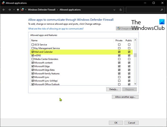 Permitir la aplicación de correo y calendario a través del Firewall de Windows