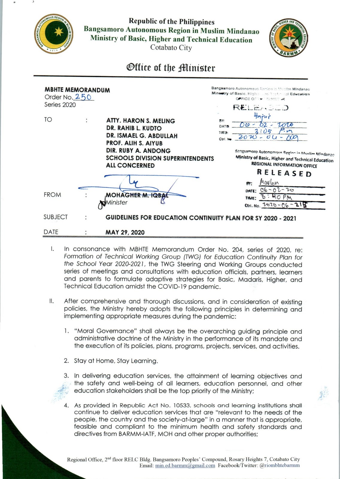 . MBHTE Learning Continuity Plan Guidelines for SY 20202021.