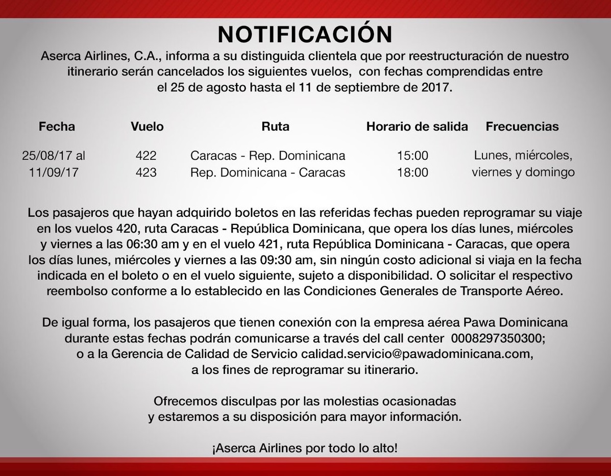 Nuevo comunicado de Aserca Airlines, suspensión vuelos a Republica Dominicana. Suspensión de la ruta Caracas – Santo Domingo por Aserca Airlines.