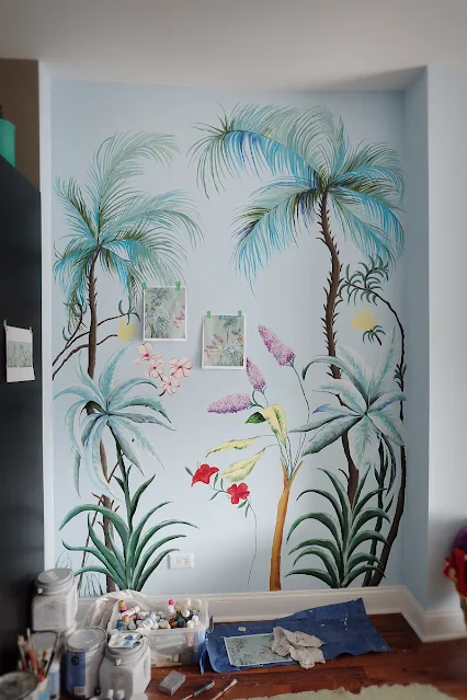 floral and palm trees hand painted wall mural