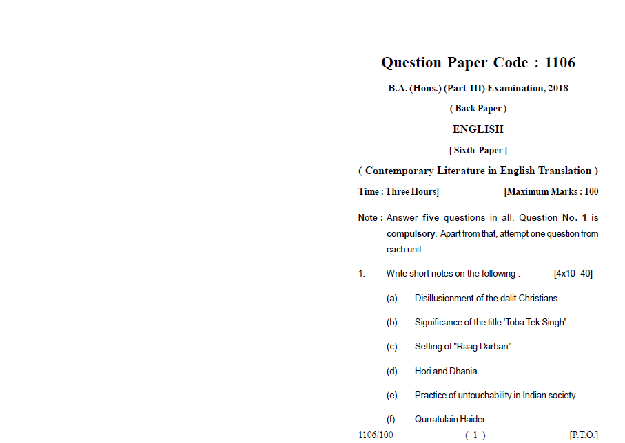 Lucknow University B.A.(Hons.) PartIII (Back Paper) ENGLISH Sixth Paper Contemporary Literature